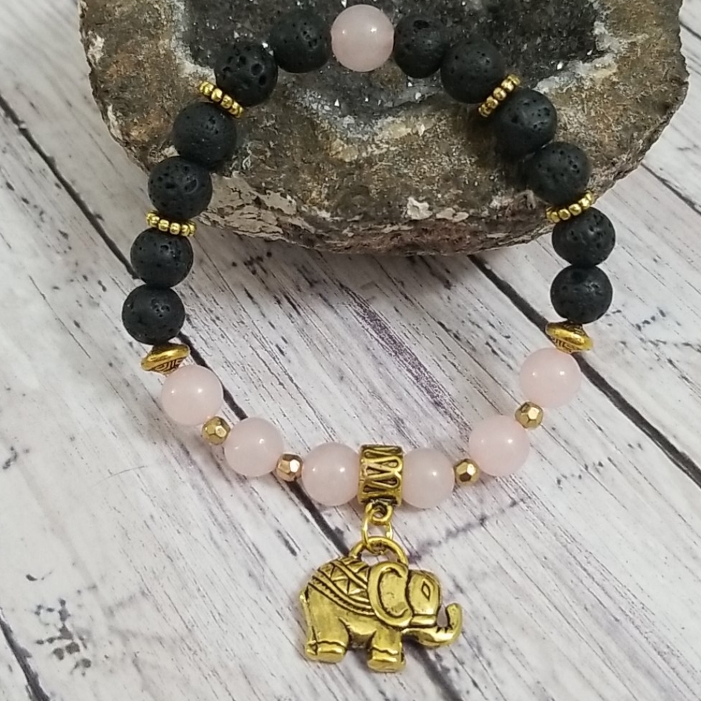 Pink quartz, lava stone, elephant, gold, stretch